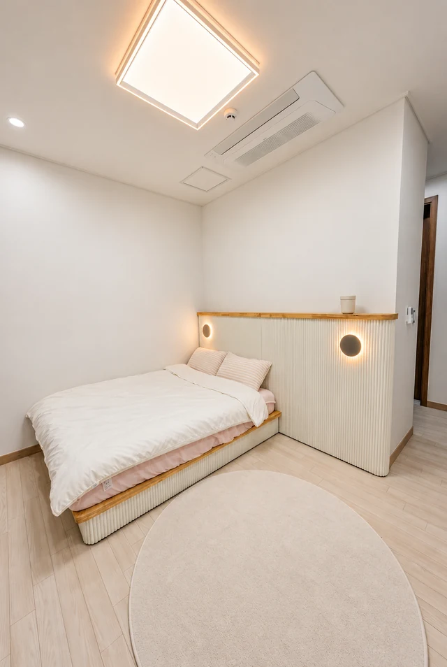세로 무늬 침대와 헤드보드 양쪽의 둥근 조명